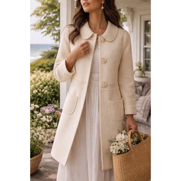 Classiques Entier Jackets & Blazers - VTG Classiques Entier Cream Merino Wool Jacket Crochet Floral Buttons Size M